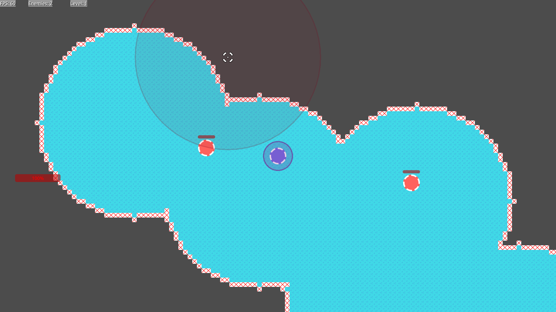 Early screenshot of Inkspitter game showing blue player character, red enemies, and paintable terrain